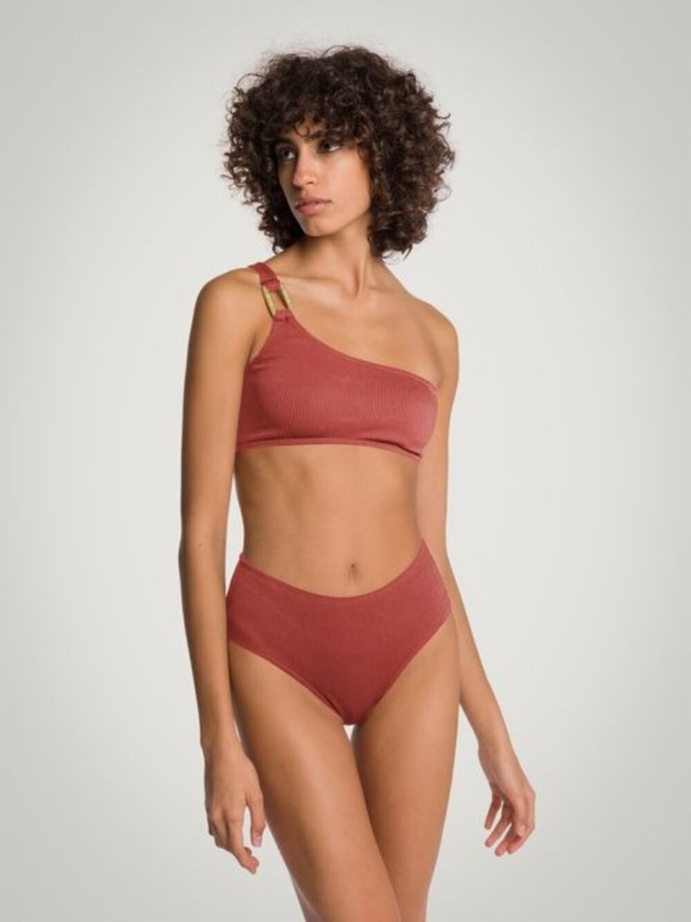Wolford Textured One Shoulder High Brief Two Piece Swimsuit in Sienna Size XL